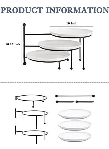 Kanwone 3 Tiered Serving Stand with White Porcelain Plates, Swivel Food Display Stand, 10" x 10" Tier Serving Trays with Black Metal Stand for Entertaining, 3 Tier Dessert Stand