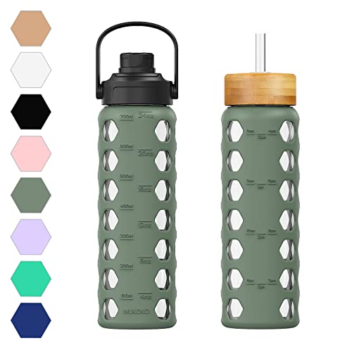 MUKOKO 32oz Glass Water Bottles with 2 Lids-Handle Spout Lid&Bamboo Straw Lid, Motivational Water Tumbler with Time Marker Reminder and Silicone Sleeve, Leakproof-Olive-1 Pack