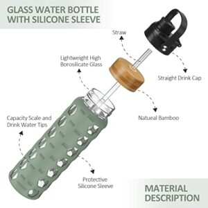 MUKOKO 32oz Glass Water Bottles with 2 Lids-Handle Spout Lid&Bamboo Straw Lid, Motivational Water Tumbler with Time Marker Reminder and Silicone Sleeve, Leakproof-Olive-1 Pack