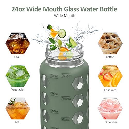 MUKOKO 32oz Glass Water Bottles with 2 Lids-Handle Spout Lid&Bamboo Straw Lid, Motivational Water Tumbler with Time Marker Reminder and Silicone Sleeve, Leakproof-Olive-1 Pack