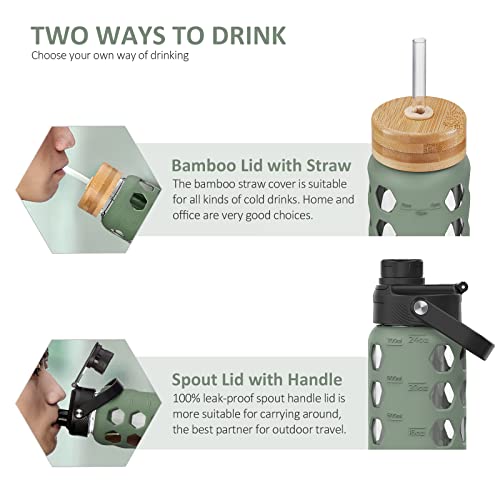 MUKOKO 32oz Glass Water Bottles with 2 Lids-Handle Spout Lid&Bamboo Straw Lid, Motivational Water Tumbler with Time Marker Reminder and Silicone Sleeve, Leakproof-Olive-1 Pack