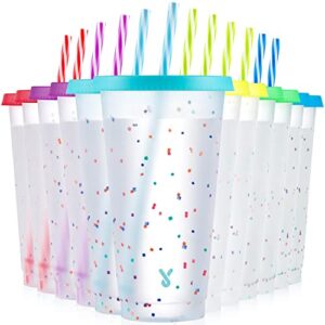 meoky color changing cups with lids and straws - 12 pack 24oz reusable plastic tumblers for kids and adults, confetti color changing cups for iced coffee, party, pool