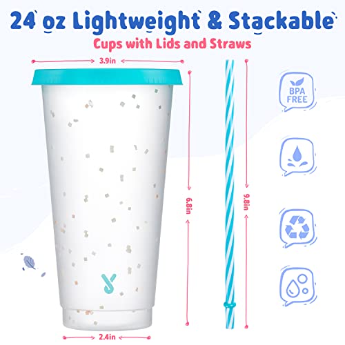 Meoky Color Changing Cups with Lids and Straws - 12 Pack 24oz Reusable Plastic Tumblers for Kids and Adults, Confetti Color Changing Cups for Iced Coffee, Party, Pool