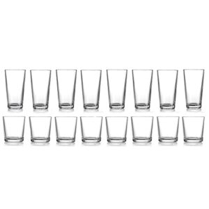 glaver's drinking glasses set of 16, 8 highball glasses (17oz.), 8 rocks glass cups (13 oz) beer glasses, water, juice, cocktails.