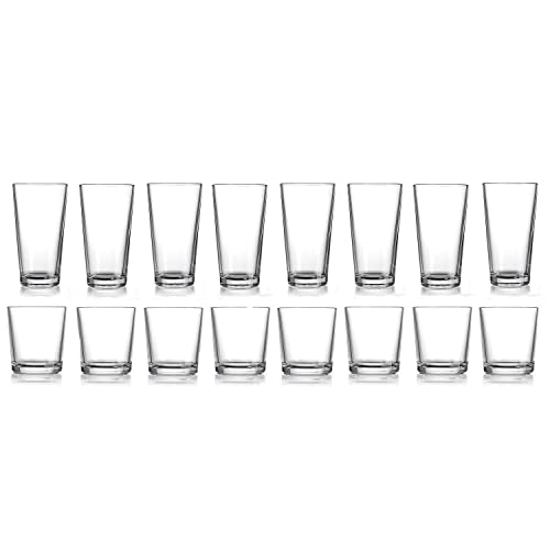 Glaver's Drinking Glasses Set Of 16, 8 Highball Glasses (17oz.), 8 Rocks Glass Cups (13 oz) Beer Glasses, Water, Juice, Cocktails.