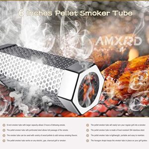 AMXRD Smoke Tube, Premium 6 inch 304 Stainless Steel BBQ Wood Pellet Smoker Tube with Cleaning Brush for All Grills or Smoker, Dishwasher Safe