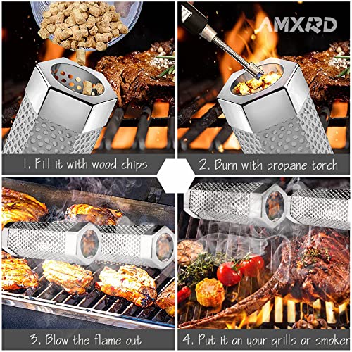 AMXRD Smoke Tube, Premium 6 inch 304 Stainless Steel BBQ Wood Pellet Smoker Tube with Cleaning Brush for All Grills or Smoker, Dishwasher Safe