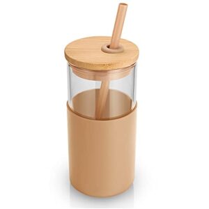 tronco 16 oz glass tumbler with straw and bamboo lid, iced coffee cup reusable, smoothie cups, tumbler with silicone protective sleeve - bpa free