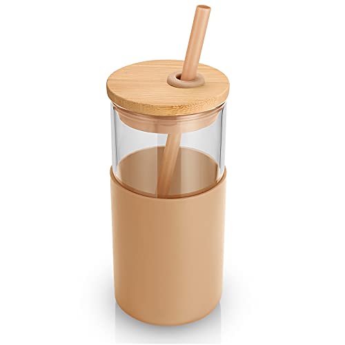 tronco 16 oz Glass Tumbler with Straw and Bamboo Lid, Iced Coffee Cup Reusable, Smoothie Cups, Tumbler with Silicone Protective Sleeve - BPA Free