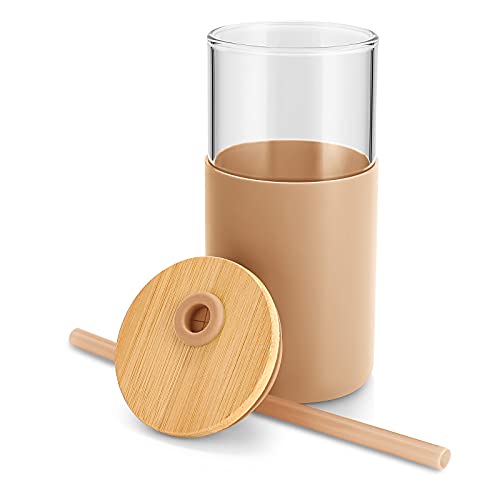 tronco 16 oz Glass Tumbler with Straw and Bamboo Lid, Iced Coffee Cup Reusable, Smoothie Cups, Tumbler with Silicone Protective Sleeve - BPA Free