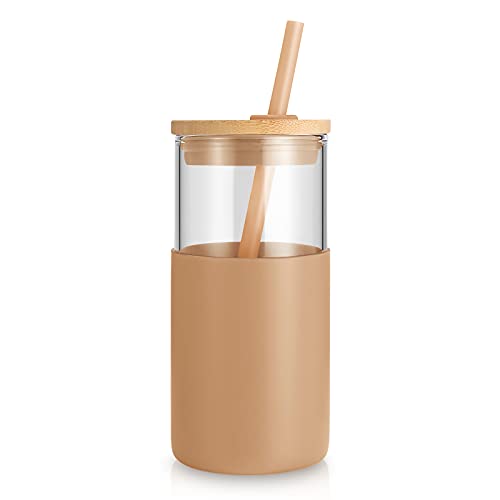 tronco 16 oz Glass Tumbler with Straw and Bamboo Lid, Iced Coffee Cup Reusable, Smoothie Cups, Tumbler with Silicone Protective Sleeve - BPA Free