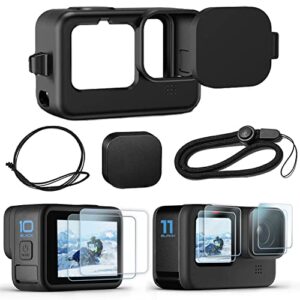 okfun accessories kit for go pro hero 11/hero 10 /hero 9 black,2-pack (6pcs)screen protector silicone sleeve protective case with lens cover cap lanyard for go pro hero 11 hero10 hero9 action camera.