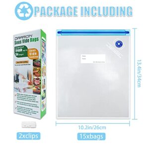 Daarcin Large Sous Vide Bags,15pcs10.2x13.4in/26 * 34cm BPA Free Reusable Vacuum Sealer Bag,Keep Food Fresh, with 2 Sealing Clips