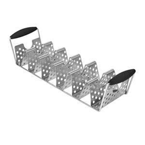 BLACKSTONE 5551 Deluxe Holder Stand Pack of 2 Stainless Steel Racks with Heat Resistant Handles-One Tray Holds 6 Tacos-Dishwasher Safe, Black/Silver