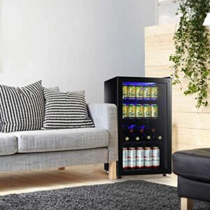 WANAI Beverage Refrigerator Cooler Fridge Glass Door 125Can Beer Fridge Beverage Cooler Drinks Wines Juice Soda Cooler Adjustable Shelves Blue LED Lights Temp Control for Home Office Dorm Bar 3.5 Cu. Ft