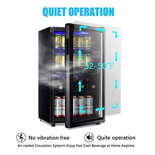 WANAI Beverage Refrigerator Cooler Fridge Glass Door 125Can Beer Fridge Beverage Cooler Drinks Wines Juice Soda Cooler Adjustable Shelves Blue LED Lights Temp Control for Home Office Dorm Bar 3.5 Cu. Ft