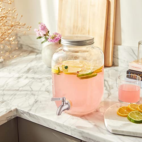 1 Gallon Glass Water Dispenser with Stainless Steel Spigot + Marker & Chalkboard, & Ice Cylinder - 100% Leakproof Beverage Dispenser Mason Jar Drink Dispenser Gallon Jug - Laundry Detergent Holder.