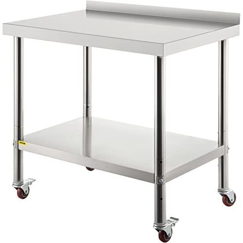 VEVOR Stainless Steel Prep Table, 24 x 15 x 35 Inch, 440lbs Load Capacity Heavy Duty Metal Worktable with Backsplash Adjustable Undershelf & 4 Casters, Commercial Workstation for Kitchen Restaurant