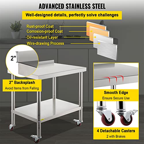 VEVOR Stainless Steel Prep Table, 24 x 15 x 35 Inch, 440lbs Load Capacity Heavy Duty Metal Worktable with Backsplash Adjustable Undershelf & 4 Casters, Commercial Workstation for Kitchen Restaurant