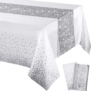 tablecloth and sequin table runner set polka dots confetti table cover dining plastic table cloths glitter decorations for birthday wedding anniversary party supplies (white, silver, 2 pcs)