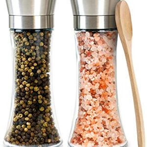 Salt and Pepper Grinder Set Of 2 - Adjustable Ceramic Coarseness, Stainless Steel, Glass Refillable Salt and Pepper Shakers & Mills For Spice, Black Peppercorn, Salt W/Wooden Spoon & Cleaning Brush