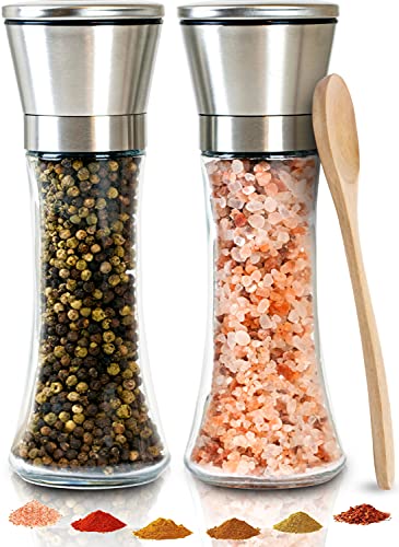 Salt and Pepper Grinder Set Of 2 - Adjustable Ceramic Coarseness, Stainless Steel, Glass Refillable Salt and Pepper Shakers & Mills For Spice, Black Peppercorn, Salt W/Wooden Spoon & Cleaning Brush