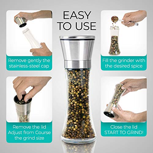 Salt and Pepper Grinder Set Of 2 - Adjustable Ceramic Coarseness, Stainless Steel, Glass Refillable Salt and Pepper Shakers & Mills For Spice, Black Peppercorn, Salt W/Wooden Spoon & Cleaning Brush