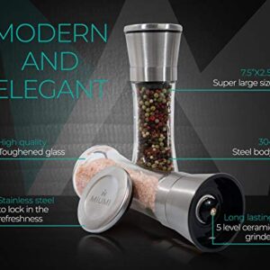 Salt and Pepper Grinder Set Of 2 - Adjustable Ceramic Coarseness, Stainless Steel, Glass Refillable Salt and Pepper Shakers & Mills For Spice, Black Peppercorn, Salt W/Wooden Spoon & Cleaning Brush