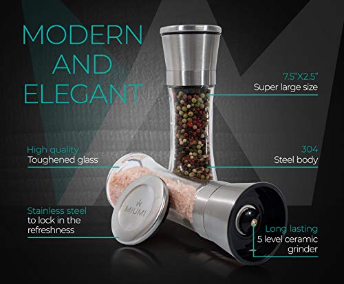 Salt and Pepper Grinder Set Of 2 - Adjustable Ceramic Coarseness, Stainless Steel, Glass Refillable Salt and Pepper Shakers & Mills For Spice, Black Peppercorn, Salt W/Wooden Spoon & Cleaning Brush