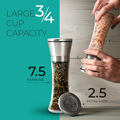 Salt and Pepper Grinder Set Of 2 - Adjustable Ceramic Coarseness, Stainless Steel, Glass Refillable Salt and Pepper Shakers & Mills For Spice, Black Peppercorn, Salt W/Wooden Spoon & Cleaning Brush