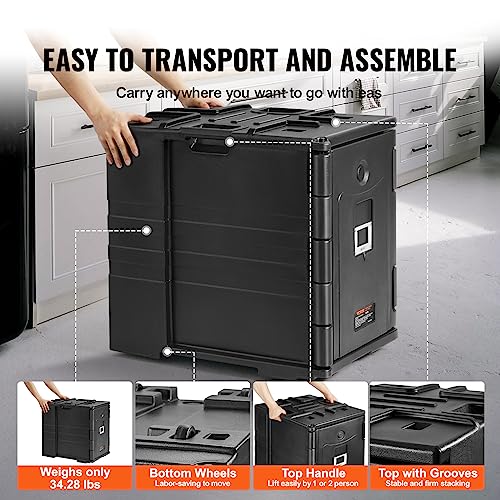 VEVOR Insulated Food Pan Carrier, 82 Qt Hot Box for Catering, LLDPE Food Box Carrier w/Double Buckles, Front Loading Food Warmer w/Handles, Stackable End Loader for Restaurant, Canteen, etc. Black