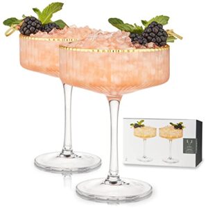 viski meridian vintage coupe glasses, art deco champagne coupe glassware, gold rimmed stemmed drinkware set of 2, 11.5 oz