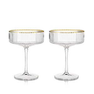 Viski Meridian Vintage Coupe Glasses, Art Deco Champagne Coupe Glassware, Gold Rimmed Stemmed Drinkware Set of 2, 11.5 oz