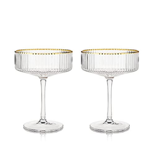 Viski Meridian Vintage Coupe Glasses, Art Deco Champagne Coupe Glassware, Gold Rimmed Stemmed Drinkware Set of 2, 11.5 oz