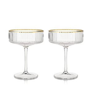 Viski Meridian Vintage Coupe Glasses, Art Deco Champagne Coupe Glassware, Gold Rimmed Stemmed Drinkware Set of 2, 11.5 oz