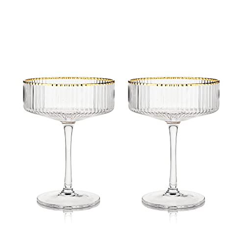 Viski Meridian Vintage Coupe Glasses, Art Deco Champagne Coupe Glassware, Gold Rimmed Stemmed Drinkware Set of 2, 11.5 oz