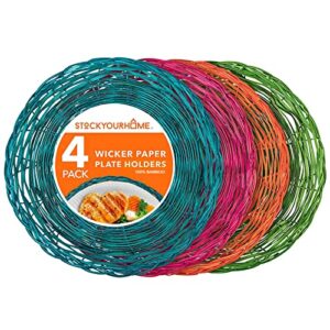 stock your home 10-inch bamboo paper plate holder (4 count) - heavy duty wicker reusable paper plate holders - multicolor charger plates