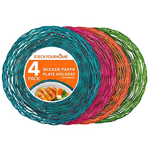 Stock Your Home 10-Inch Bamboo Paper Plate Holder (4 Count) - Heavy Duty Wicker Reusable Paper Plate Holders - Multicolor Charger Plates