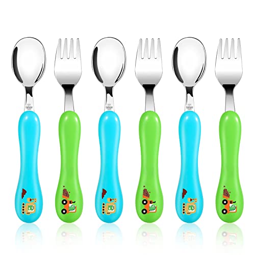 Lehoo Castle Toddler Fork and Spoon, 6pcs Toddler Utensils Kids Silverware, Safety Stainless Steel Toddler Fork Spoon Set, Children Flatware Set, Incudes 3 x Spoons, 3 x Forks (Dinosaur)