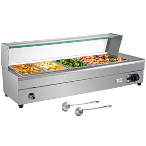 vevor commercial food warmer, 5 x 1/2 pans, 44 qt electric bain marie with 6" deep pans, stainless steel steam table with tempered glass shield, 1500w countertop buffet warmer with lids & ladles, 110v