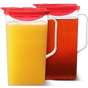 pitcher 50 oz. (set of 2) plastic pitcher with lid | jug for fridge | juice container with lid | iced tea pitcher | airtight pitcher with spout perfect for lemonade, water. bpa free, red (small)