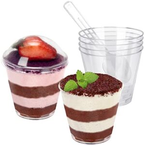 hawhawtoys dessert cups with dome lids and spoons, 100 pack 3 oz round mini plastic parfait cups for party individual desserts, appetizers serving (3 oz, 100)