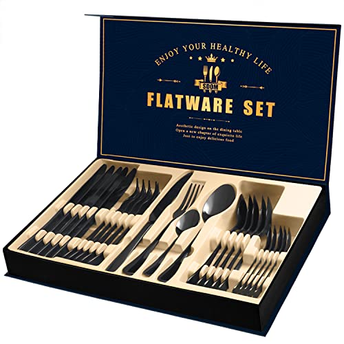 Black Silverware Set，24-Piece Stainless Steel Flatware Service for 6, Mirror Finish Cutlery Set with Gift Box (Black)