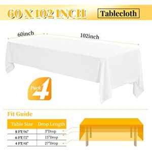 4 Pack 60 x 102 Inch Tablecloth, White Tablecloth for 6 Feet Rectangle Tables, Stain and Wrinkle Resistant Washable Fabric Table Cloth for Wedding Party Dining Table Buffet Parties and Camping