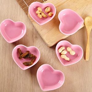 WHJY Pink Love Heart Shaped Ceramic Side Dish Bowl, Contemporary Porcelain Side Dishes Bowl, Seasoning Dishes Soy Dipping Sauce Dishes for Wedding Birthday Party- Set of 6