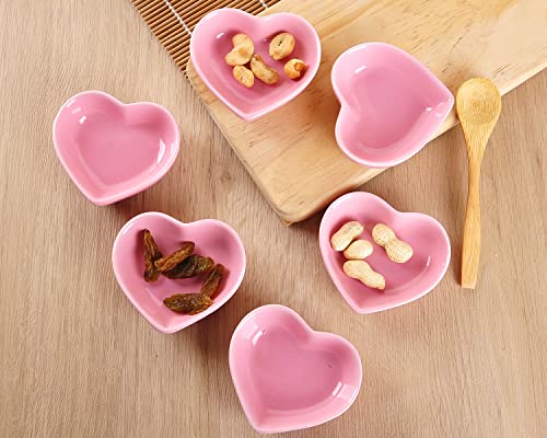 WHJY Pink Love Heart Shaped Ceramic Side Dish Bowl, Contemporary Porcelain Side Dishes Bowl, Seasoning Dishes Soy Dipping Sauce Dishes for Wedding Birthday Party- Set of 6