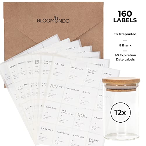 Bloomondo Empty Spice Jars with Label Pack (12x Bamboo Lid Glass Jar). Small 6oz Spice Storage Bottles with 112 Printed Spice Stickers and 48 Writable Pantry Labels for Seasoning Containers