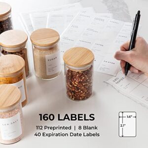 Bloomondo Empty Spice Jars with Label Pack (12x Bamboo Lid Glass Jar). Small 6oz Spice Storage Bottles with 112 Printed Spice Stickers and 48 Writable Pantry Labels for Seasoning Containers