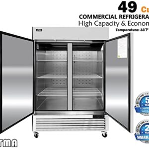 KITMA 54-inch Commercial Refrigerators, 2 doors Reach-in Refrigerator Cooler with LED Lighting, Stainless steel, 49 Cu. Ft