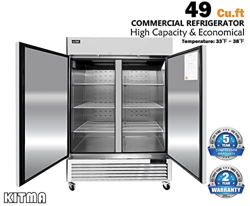KITMA 54-inch Commercial Refrigerators, 2 doors Reach-in Refrigerator Cooler with LED Lighting, Stainless steel, 49 Cu. Ft